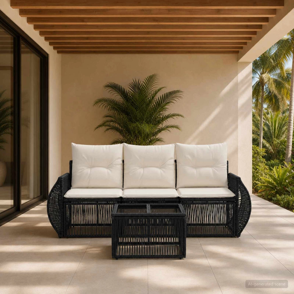 Set Divano da Giardino 4 pz Nero e Bianco Crema polyrattan 3435337