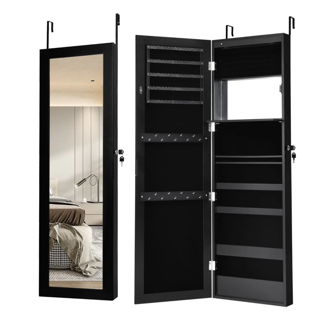 Mobiletto portagioie da parete con specchio 37 x 9 x 119 cm con illuminazione a LED e moderna serratura a chiave in MDF nero 20_0010340