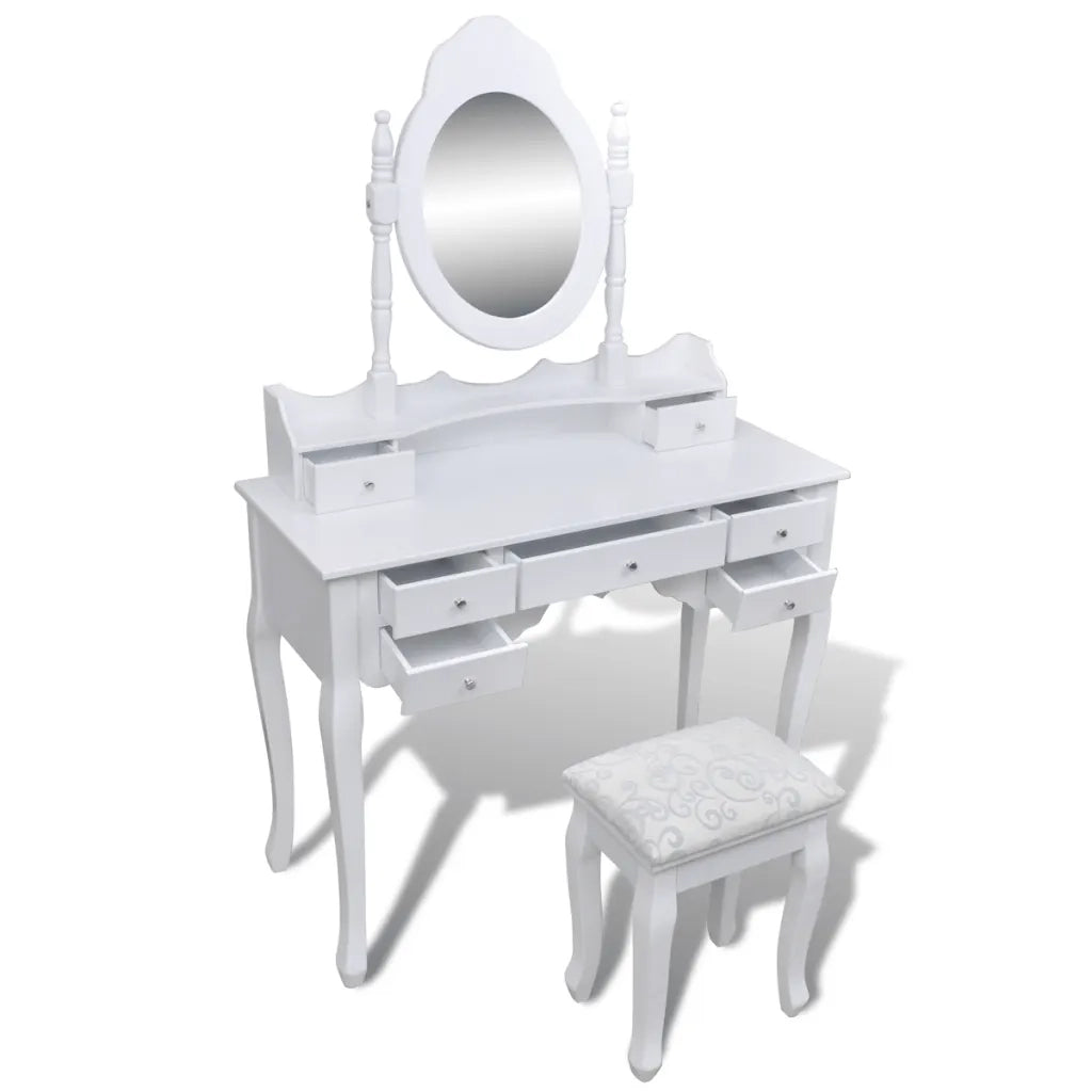 Tavolo da Trucco con Specchio e Sgabello 7 Cassetti Bianco 241002