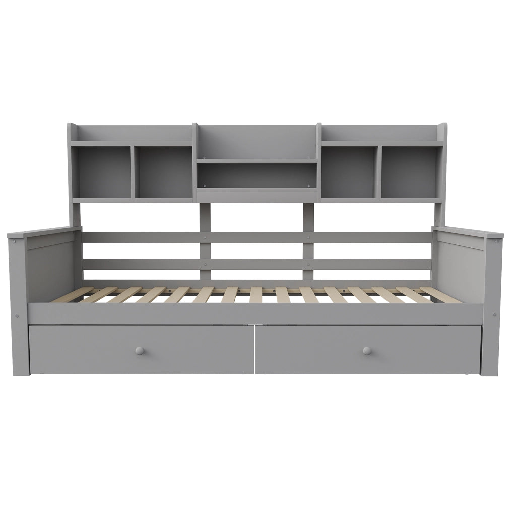Divano letto con 2 cassetti e vani portaoggetti in legno massiccio per cameretta e ragazzi, grigio 90 × 200 cm