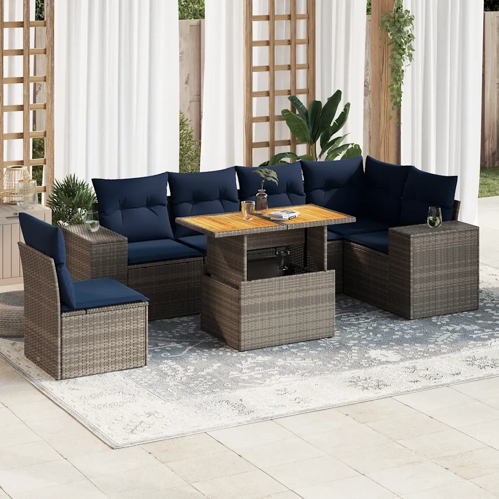 Set Divani da Giardino 7 pz con Cuscini Grigio in Polyrattan 3327386