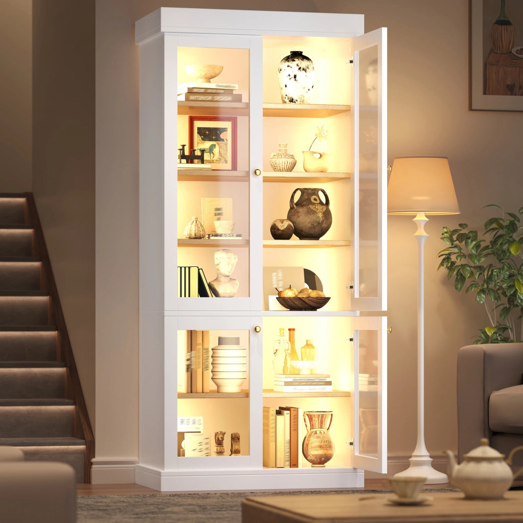 Armadio alto 80x40x180 cm con luci LED e 2 dispositivi antiribaltamento in MDF e vetro bianco