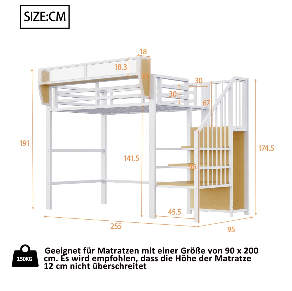 Letto a soppalco 90x200 cm in metallo bianco con ripiano
