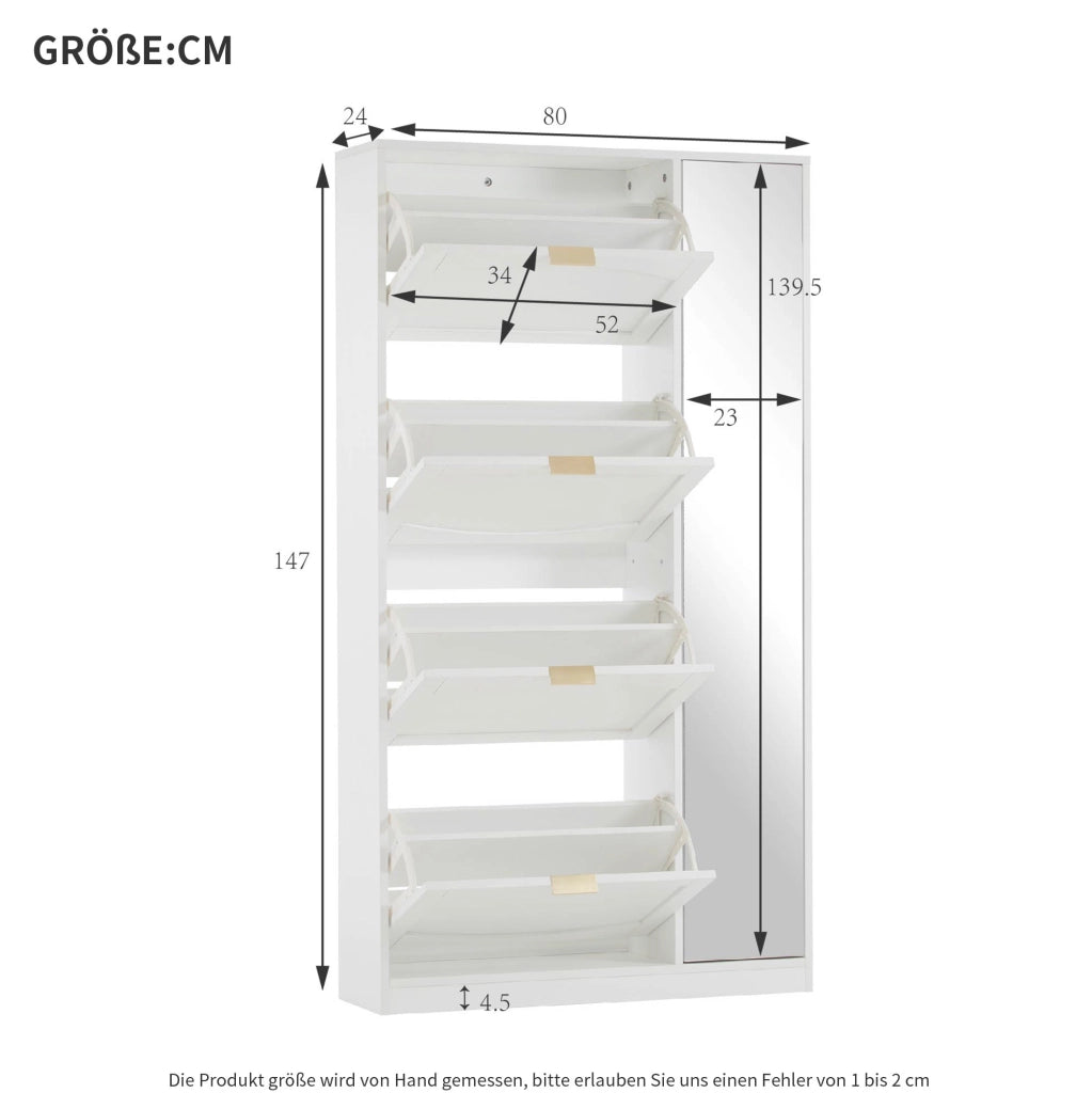 Scarpiera con specchio e 4 scomparti estraibili; 80x24x147 cm; bianco