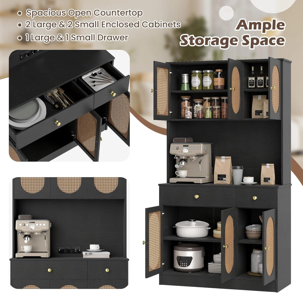 Credenza Buffet da Cucina, Armadio Alto con Ante in Rattan PE, 2 Cassetti e Stazione di Ricarica, 100 x 40 x 180 cm, Mobile Ausiliario in Legno per Sala da Pranzo, Soggiorno, Nero/Bianco