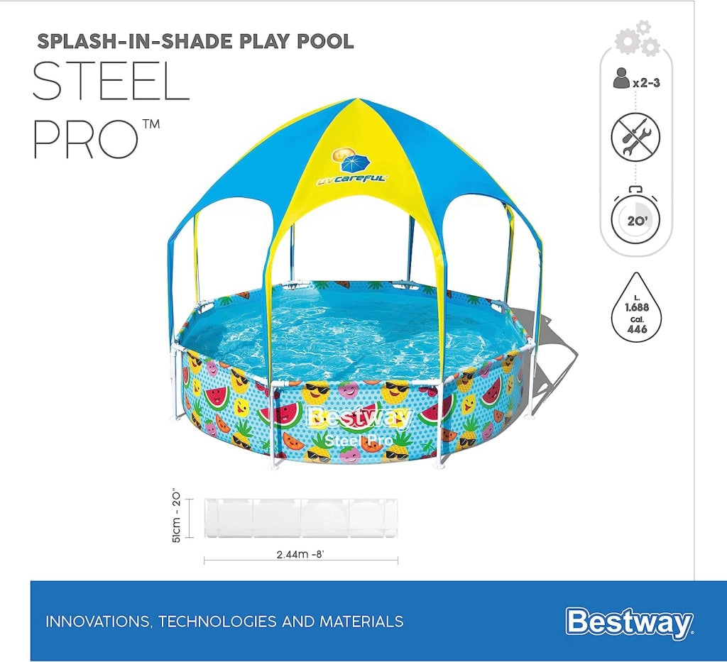 Bestway 56432 steel pro - piscina per bambini splash-in-shade con gazebo e doccetta, 244x51 cm