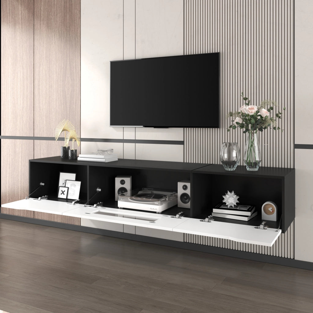 Mobile TV 180 cm nero e bianco con LED USB, installazione a parete o da appoggio HAVRYA