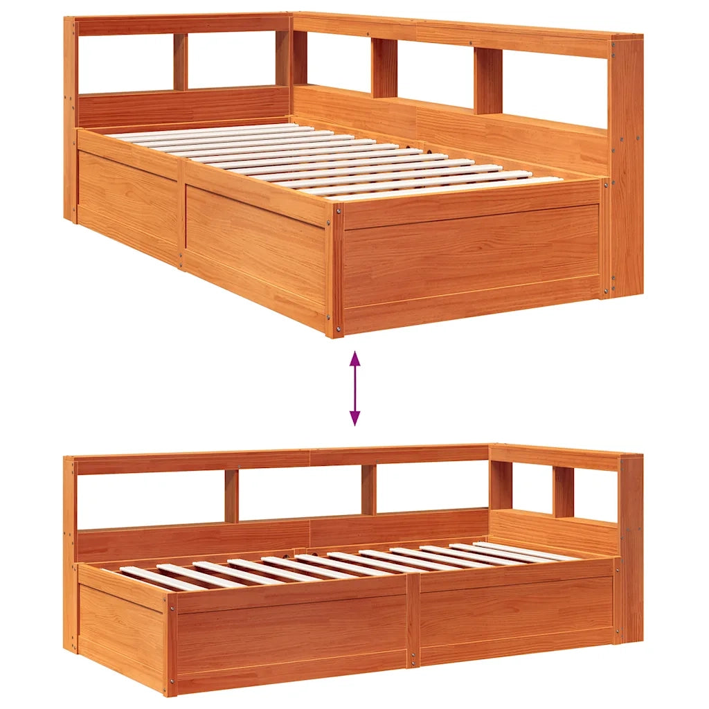 Letto Libreria senza Materasso-Struttura Letto con contenitore Marrone Cera 90x200 cm in Pino 584375