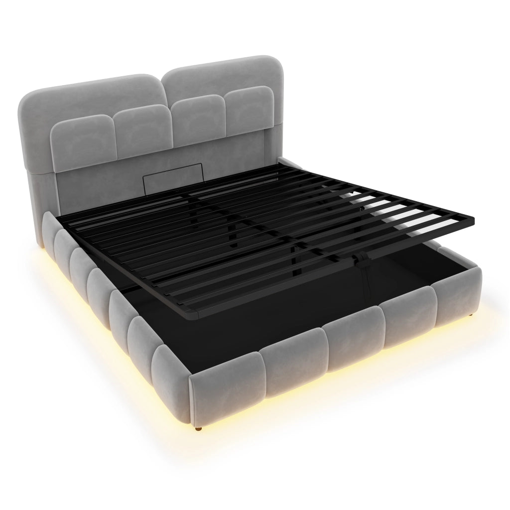 Letto Contenitore Letto Matrimoniale 140 x 200 cm con LED; stoccaggio idraulico in Velluto Grigio