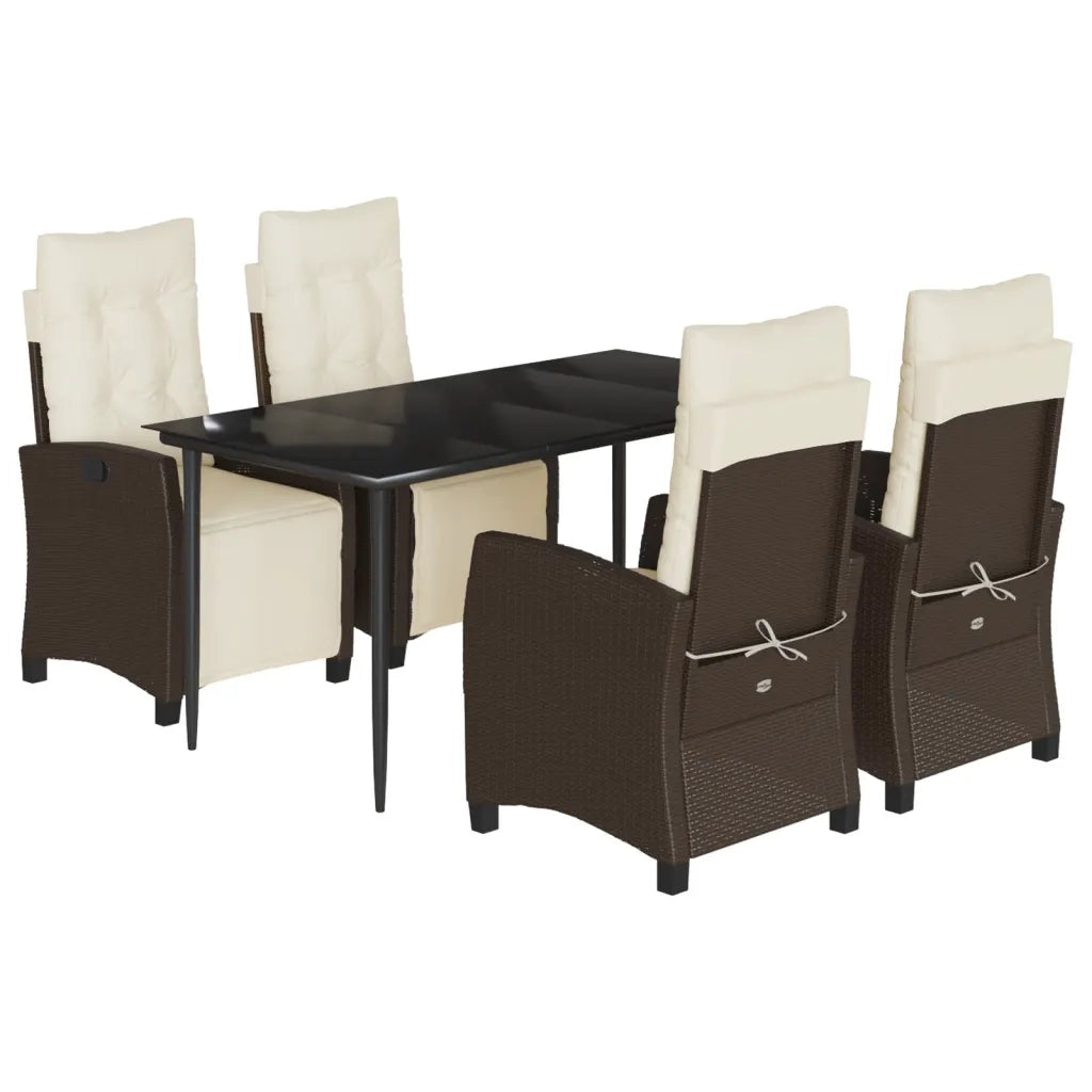 Set da Pranzo da Giardino 5pz con Cuscini in Polyrattan Marrone