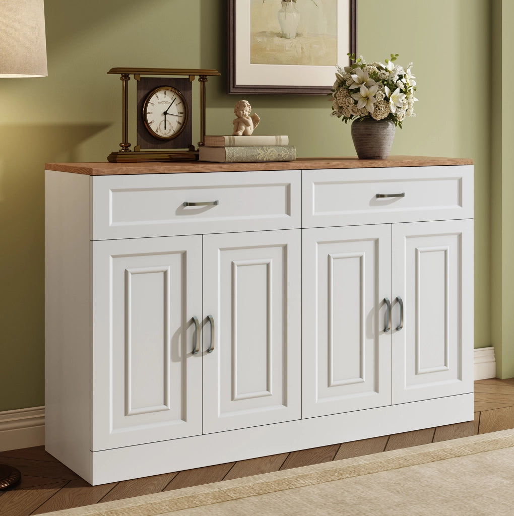 Sideboard moderno in legno e bianco con 4 ante e 2 cassetti, 120x35x80,5 cm