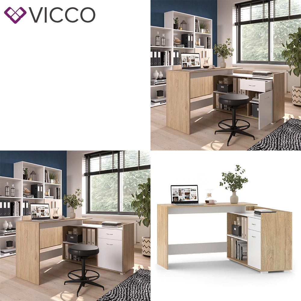 Vicco Scrivania ad angolo Bianco/Sonoma 135 x 77 cm con cassetto