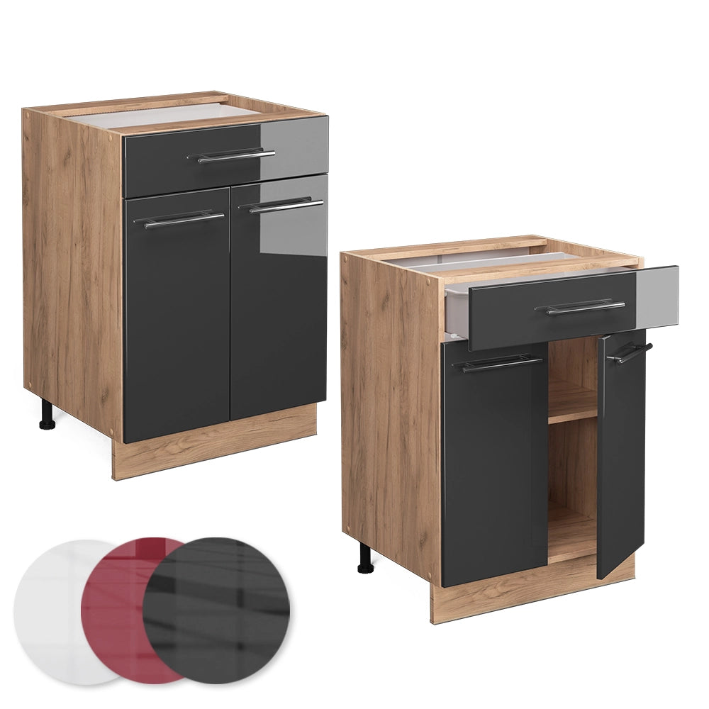 Mobiletto base per cucina Fame-Line Antracite lucido/Rovere dorato 60 cm con cassetto, PL Rovere Vicco