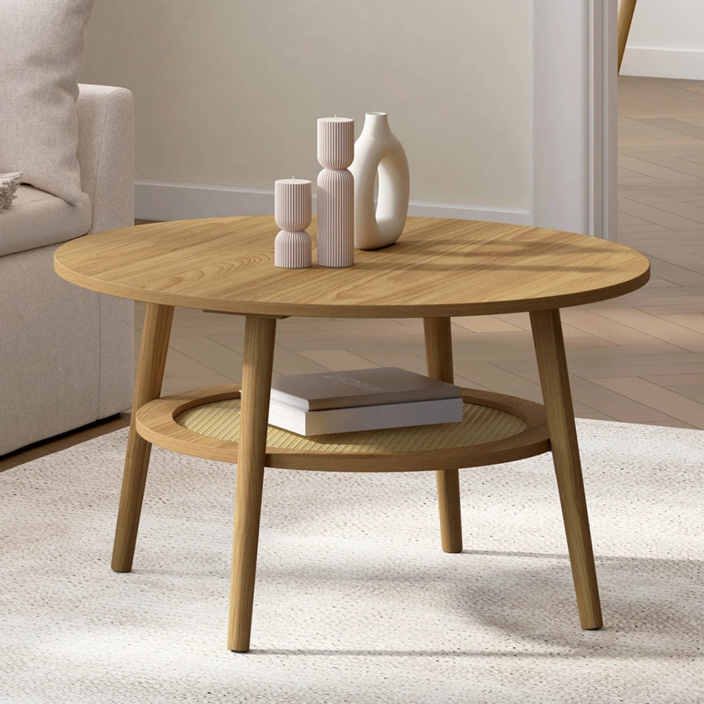 IDMarket - Tavolino rotondo HANAE 70 cm in faggio con piano in canna effetto naturale
