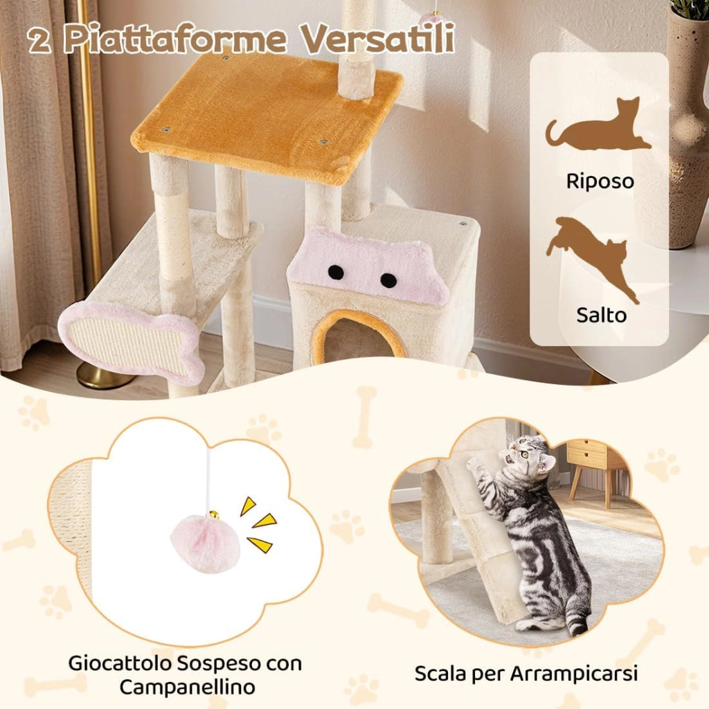 Albero per Gatti da Interno Alto 125 cm, Tiragraffi per Gatti a Più Livelli con Cuscino, Rifugio, Tiragraffi in Sisal a Forma di Pesce, Rampa, Pallina Pendente e Piattaforme