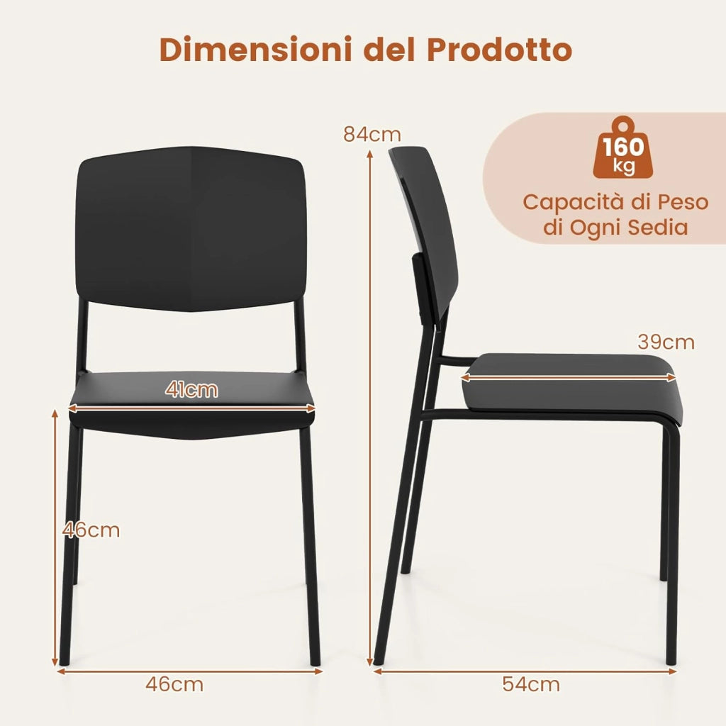 Set di Sedie da Pranzo da 4 Pezzi, Sedie Laterali senza Bracci con Schienale Ergonomico e Seduta Ampia, Sedie da Cucina Accumulabili per Casa e Ufficio, Portata 160 kg (Nero)