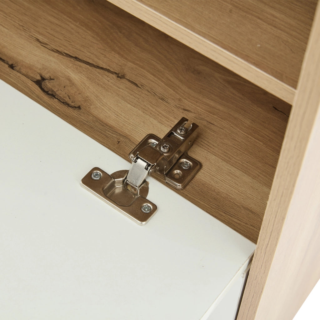 OKWISH Mobile da ingresso con 1 Cassetto, 2 Armadi, Specchio e Panca Scarpiera, Bianco e Legno Naturale 100 x 38.5 x 190 cm
