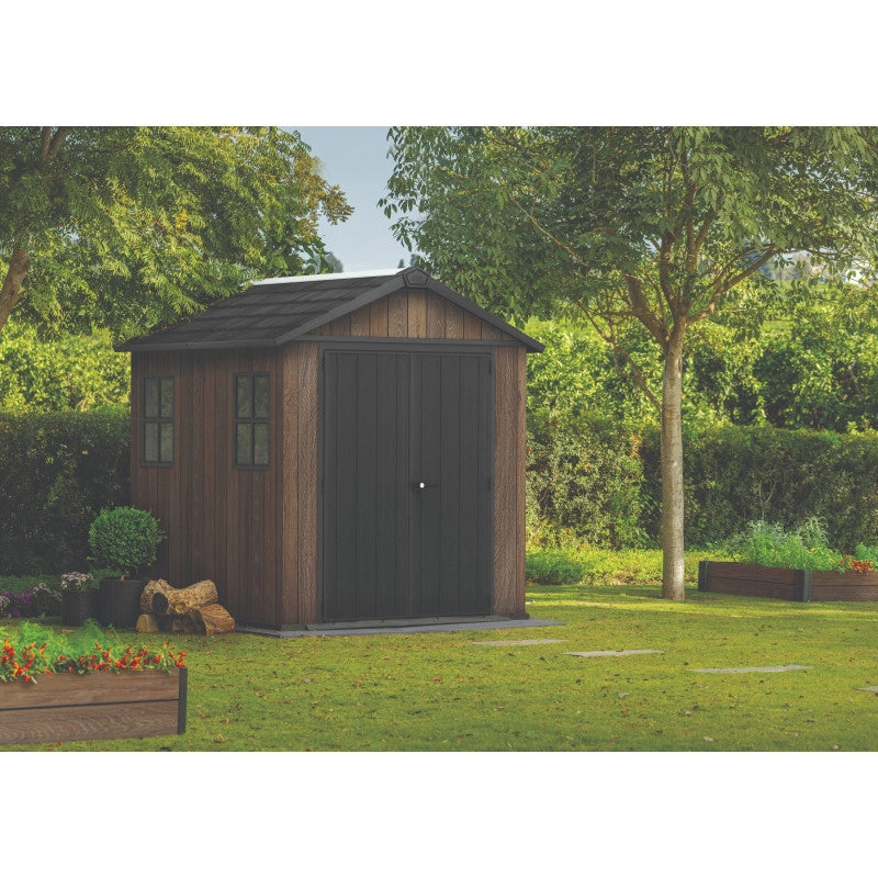 Casetta da giardino in resina effetto legno EVOTECH+ 223,8x230 cm - pavimento e doppia porta - carico neve 150 kg/m² – Apex 757/775 Signature Walnut - Keter