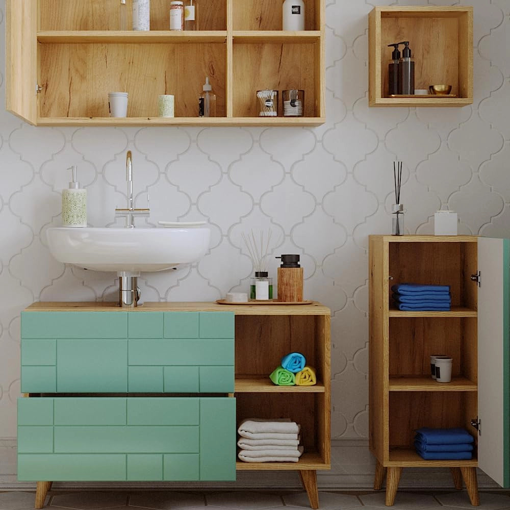 Mobile sottolavabo per bagno Rudi, Verde menta, 90 x 59 cm con 2 cassetti, con meccanismo push-to-open e struttura combinabile