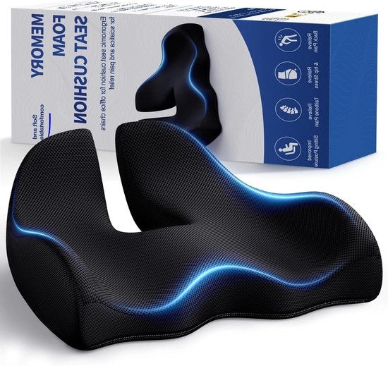 Cuscino ergonomico per sedia da ufficio - Sostegno contro la pressione sulle anche e sollievo dal dolore - Schiuma di poliuretano - Adatto per sedute lunghe - Idoneo per sedia da gioco e sedile per auto - Nero