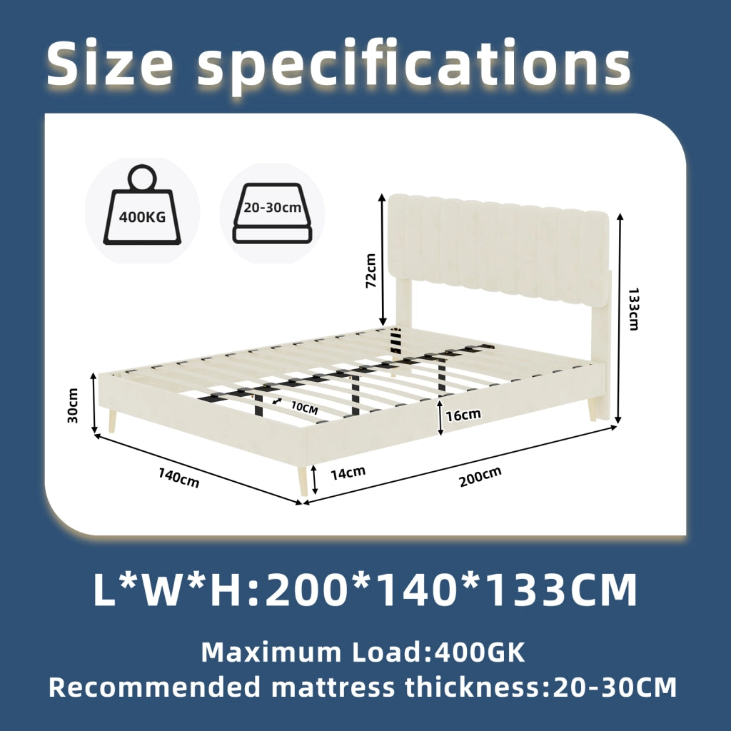 DESMIU Letto 140 × 200 cm 2 posti in velluto, testiera imbottita, senza materasso, beige