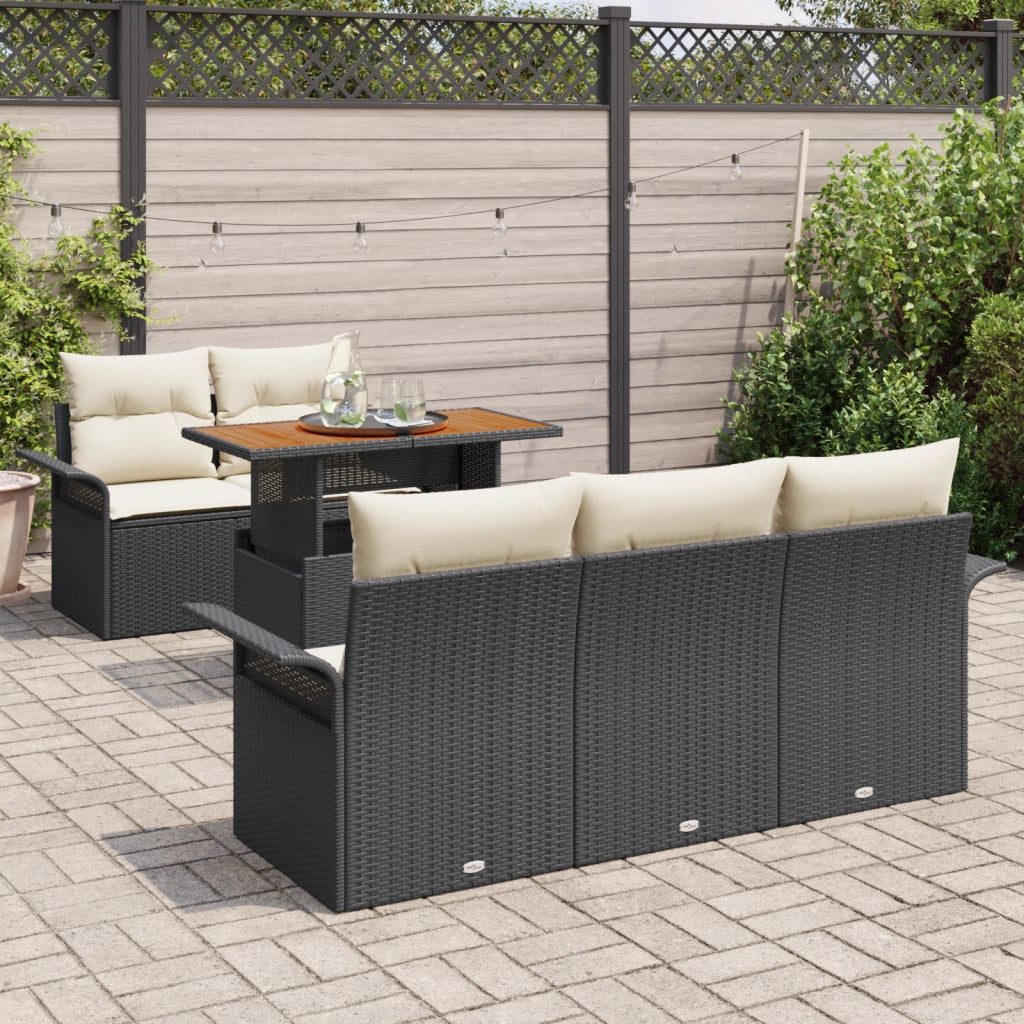 Set Divano da Giardino di 6 pezzi con Cuscini Nero Poly Rattan Acacia