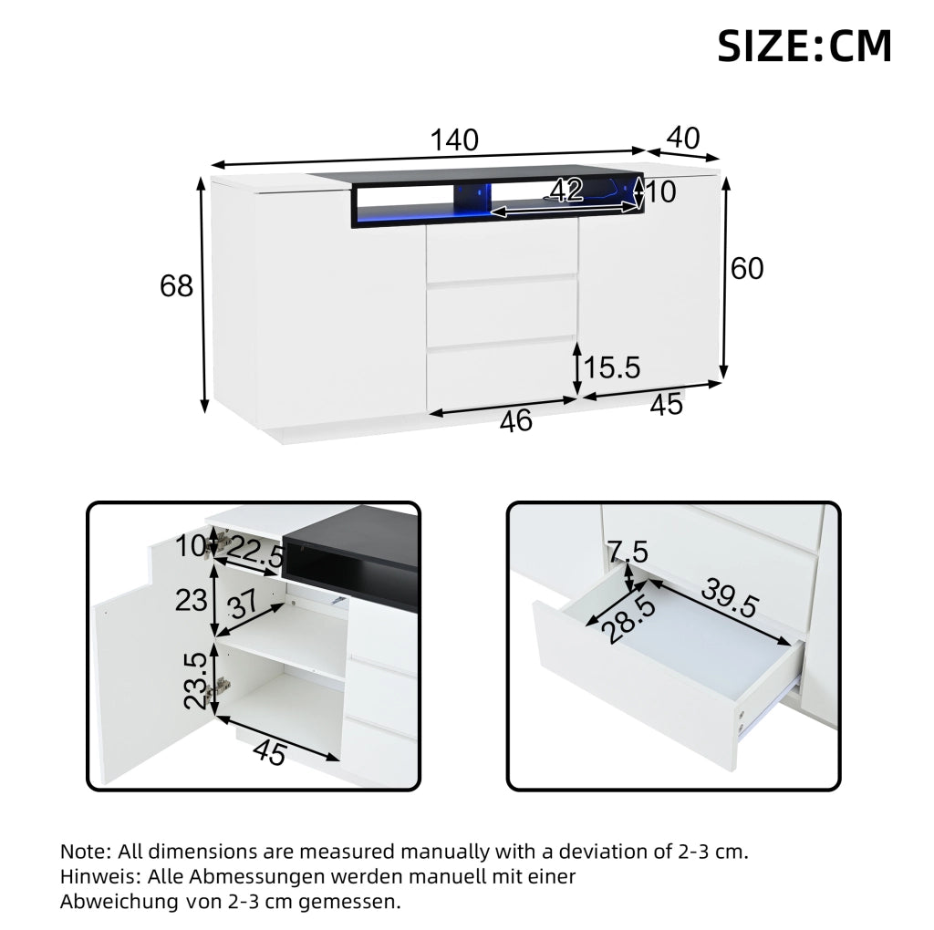Credenza 140x40x68 cm con LED e ripiani regolabili in truciolato bianco e nero