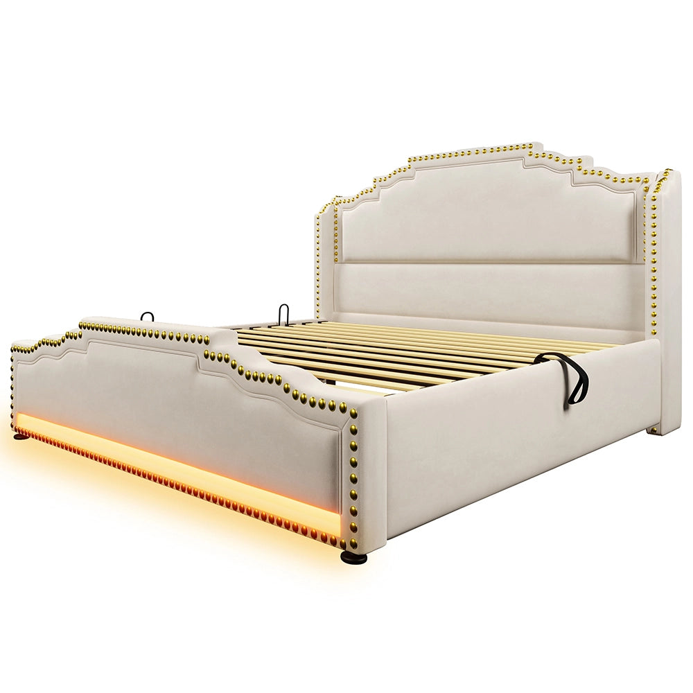 Letto matrimoniale-Xylo-140x200 cm-idraulico, LED, USB-C, velluto beige, con materasso