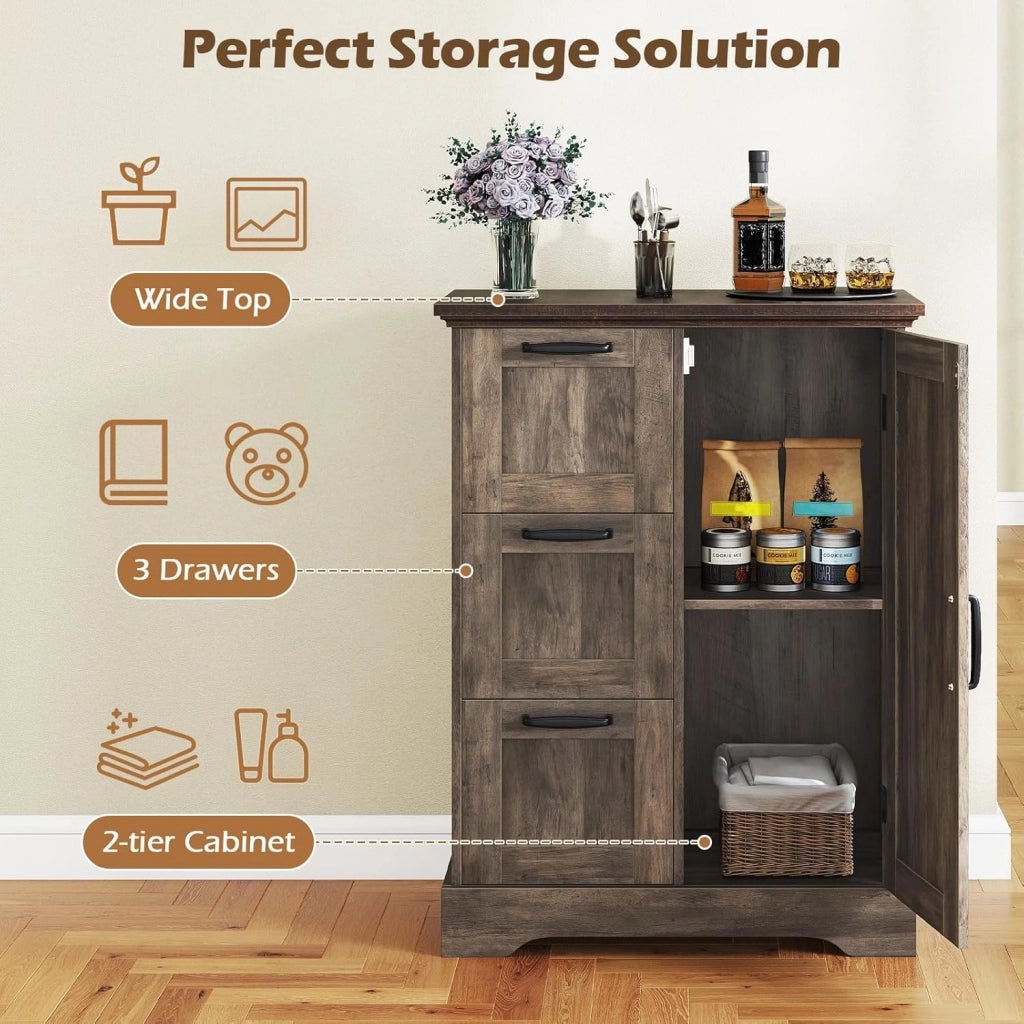 Mobiletto da Pavimento in Legno, Organizzatore per Conservazione Rustico con Porta da Fienile e 3 Cassetti, Buffet Laterale Autonomo per Cucina, Soggiorno, Sala da Pranzo (Grigio)