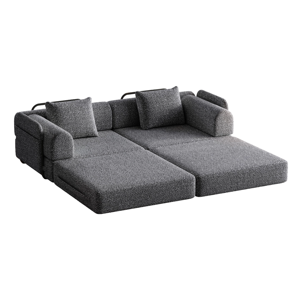 Divano letto singolo 2 in 1 con vano portaoggetti nel bracciolo in chenille grigio