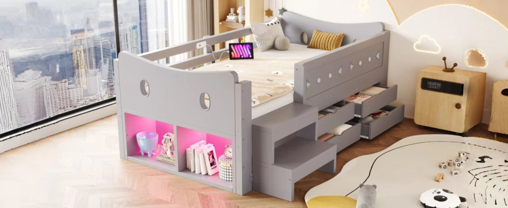Letto per bambini 90 × 200 cm con 4 cassetti, 2 vani portaoggetti, LED, USB e Type-C, senza materasso, grigio