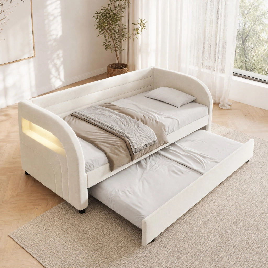 Letto imbottito singolo 90x200 cm con letto estraibile e LED laterale; flanella beige