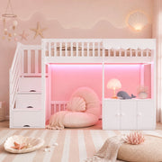 Letto a soppalco singolo 90x200 cm con scala contenitore; spazio di archiviazione e LED multicolore; bianco
