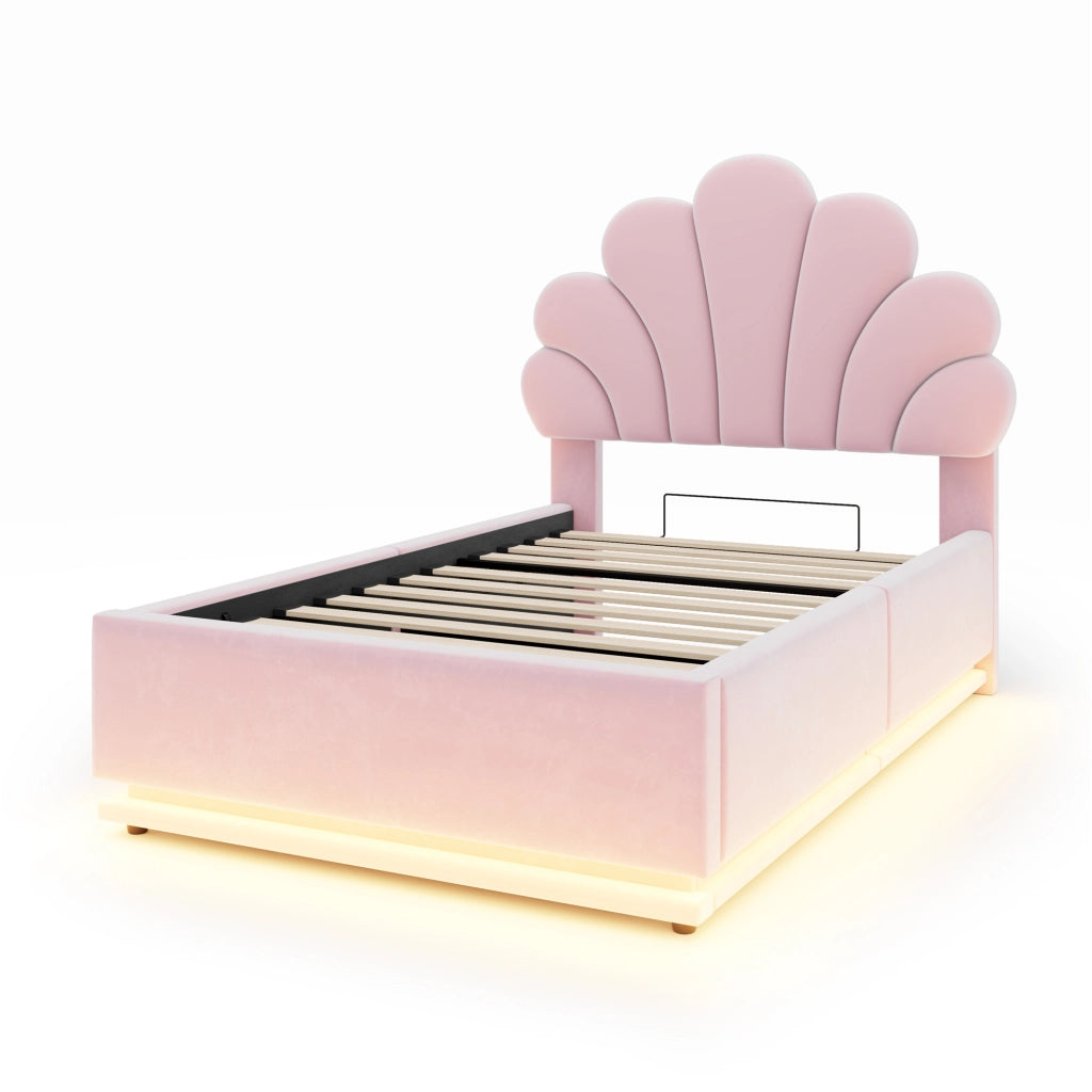 Letto Contenitore Letto Singolo 90x200 cm; LED e contenitore idraulico; in Velluto Rosa