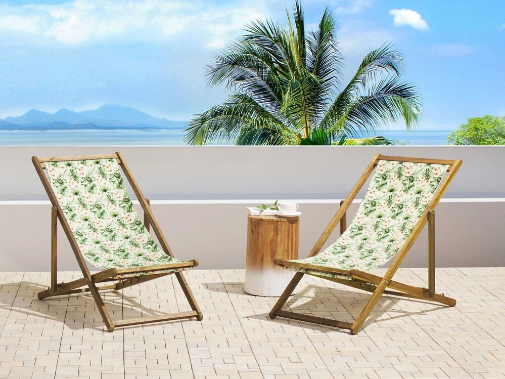 Set di 2 sedie a sdraio da giardino con struttura in legno di acacia chiaro con motivo floreale in tessuto amaca sedile reclinabile