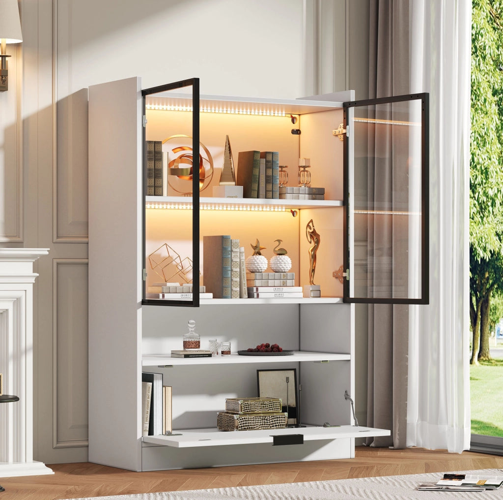 Vetrina moderna con LED 120x80x35 cm in truciolare bianco opaco e vetro temperato
