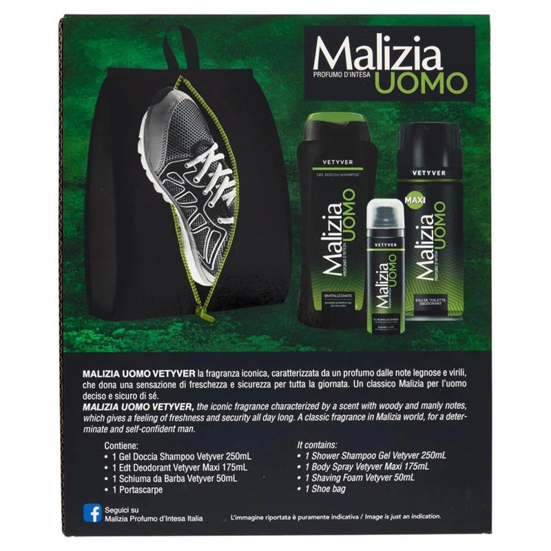 MALIZIA UOMO PROFUMO D'INTESA VETYVER SCHIUMA DA BARBA 50ML + DEODORANTE 175ML + DOCCIA SHAMPOO + PORTA SCARPE 250 ML