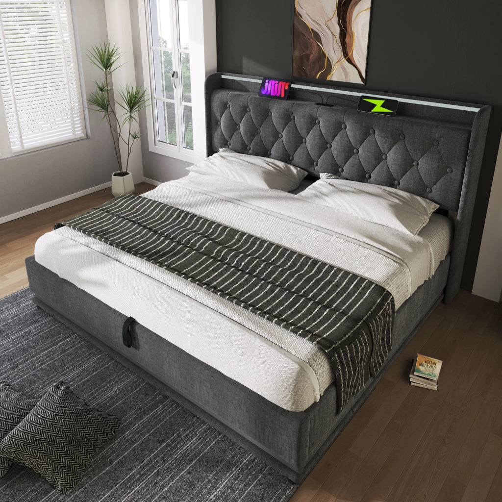 LETTO Contenitore 140x200 cm in lino grigio con LED e USB Type-C