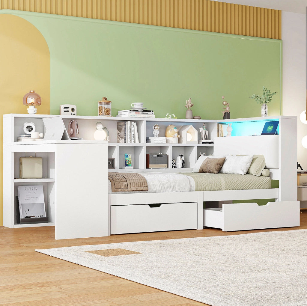 Letto a piattaforma L 90x200 con scrivania; libreria; LED e USB; bianco