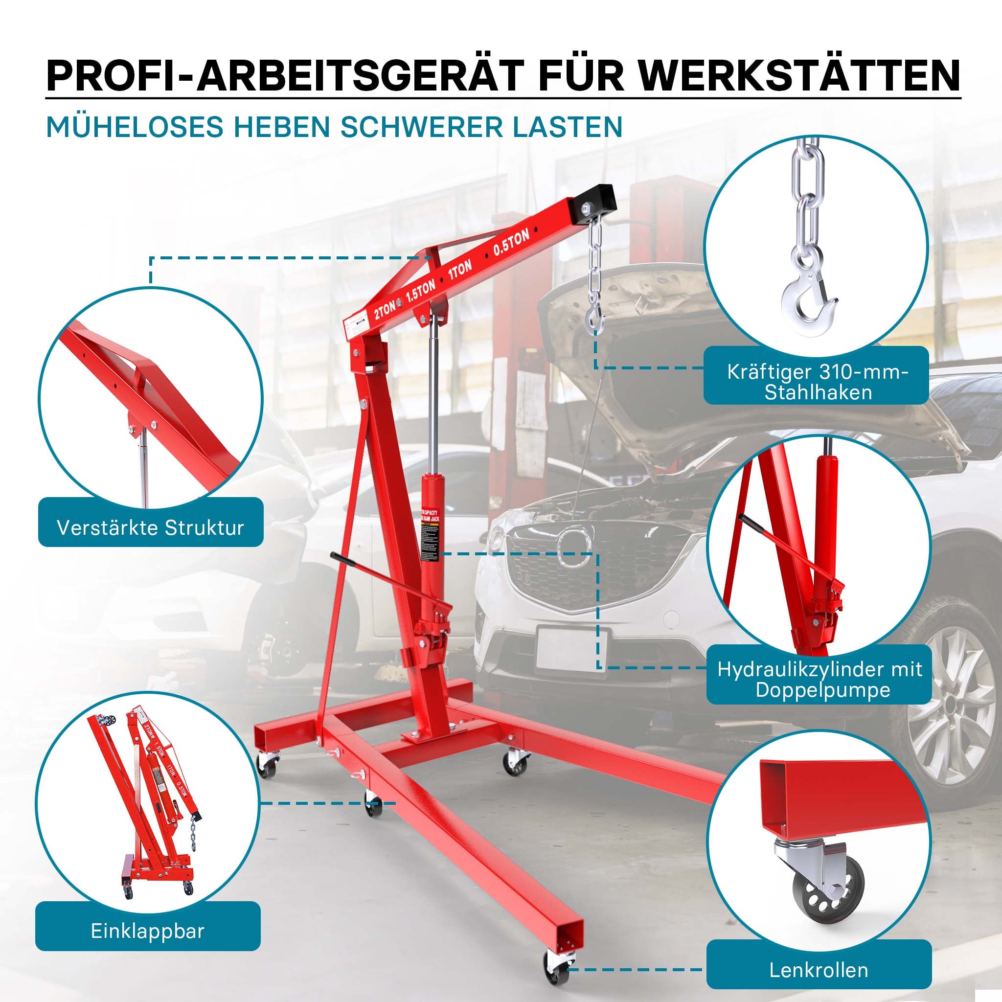 gruetta idraulica da officina per sollevamento, gru manuale pieghevole con doppia pompa, carico max 2000kg