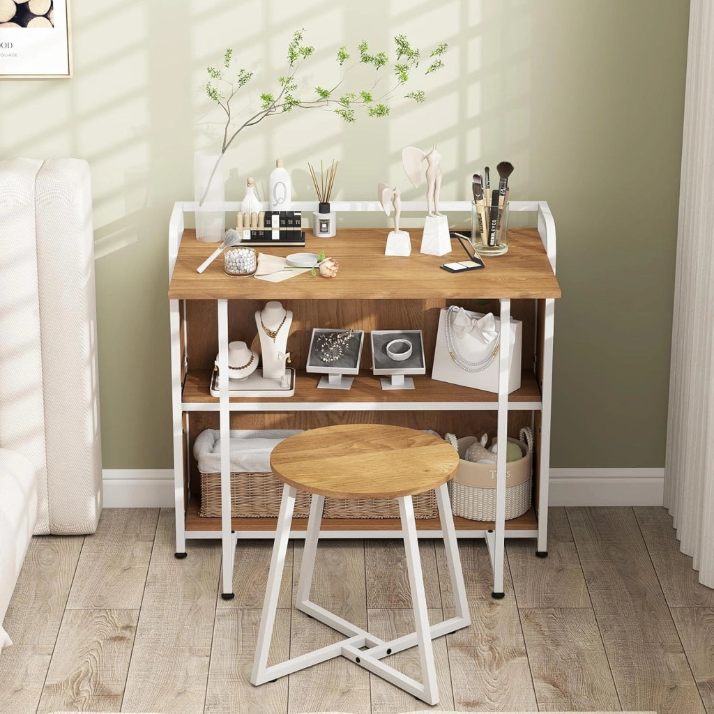 Scrivania Pieghevole con Sgabello, Scrivania Portatile con Scaffale e Stazione di Ricarica, Tavolo da Scrittura con Sedia per Studio e Ufficio (Naturale)
