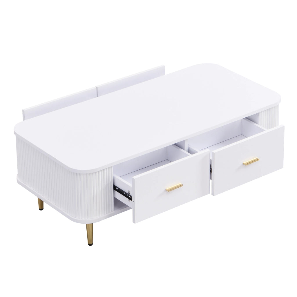 Tavolino da Salotto con 4 Cassetti e Angoli Arrotondati; Fianchi Ondulati; Maniglie e Gambe Dorate; in MDF; Bianco; 105×51×38 cm