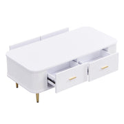 Tavolino da Salotto con 4 Cassetti e Angoli Arrotondati; Fianchi Ondulati; Maniglie e Gambe Dorate; in MDF; Bianco; 105×51×38 cm