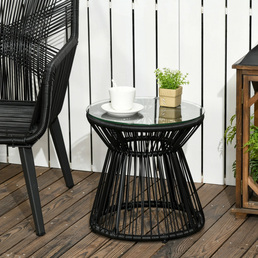 TAVOLINO DA ESTERNO 40x40x42 cm Nero stile Boho in rattan e vetro