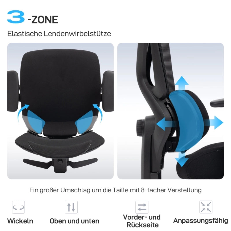 Sedia da ufficio ergonomica con supporto lombare, braccioli 3D, poggiatesta, poggiapiedi e girevole in plastica nera