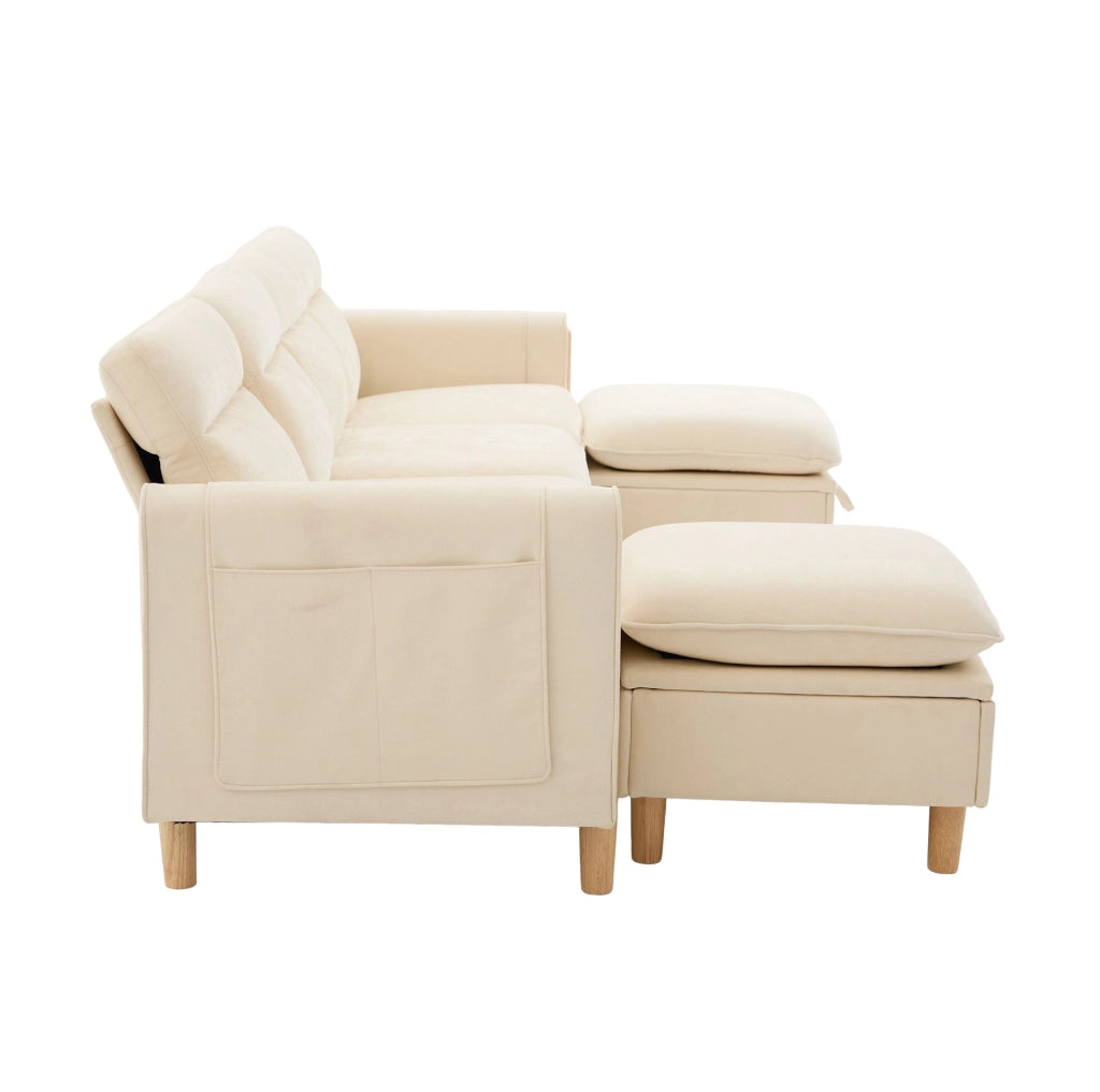 Divano modulare a U con 2 pouf contenitore; 261 cm; in chenille beige