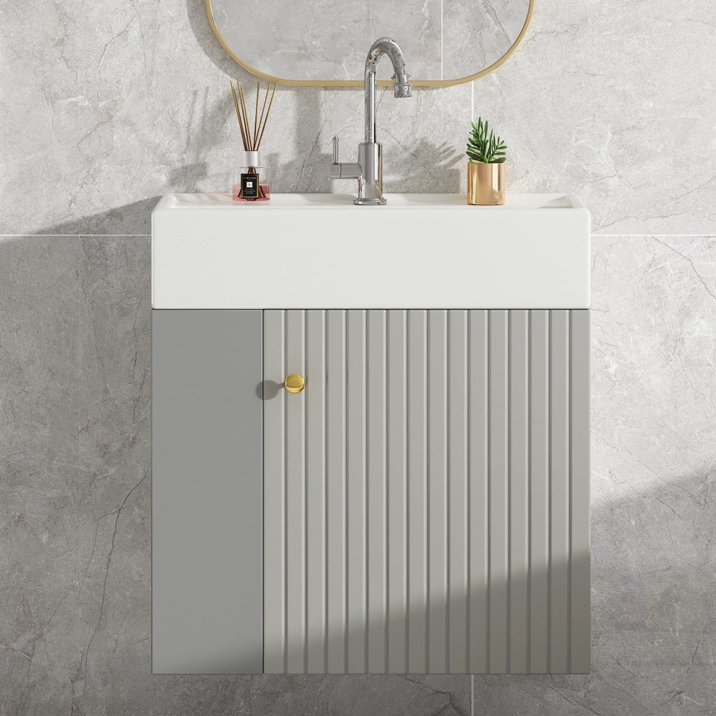 Mobile sottolavabo con lavabo in ceramica lucida, vani laterali e chiusura ammortizzata, per bagno, grigio e bianco