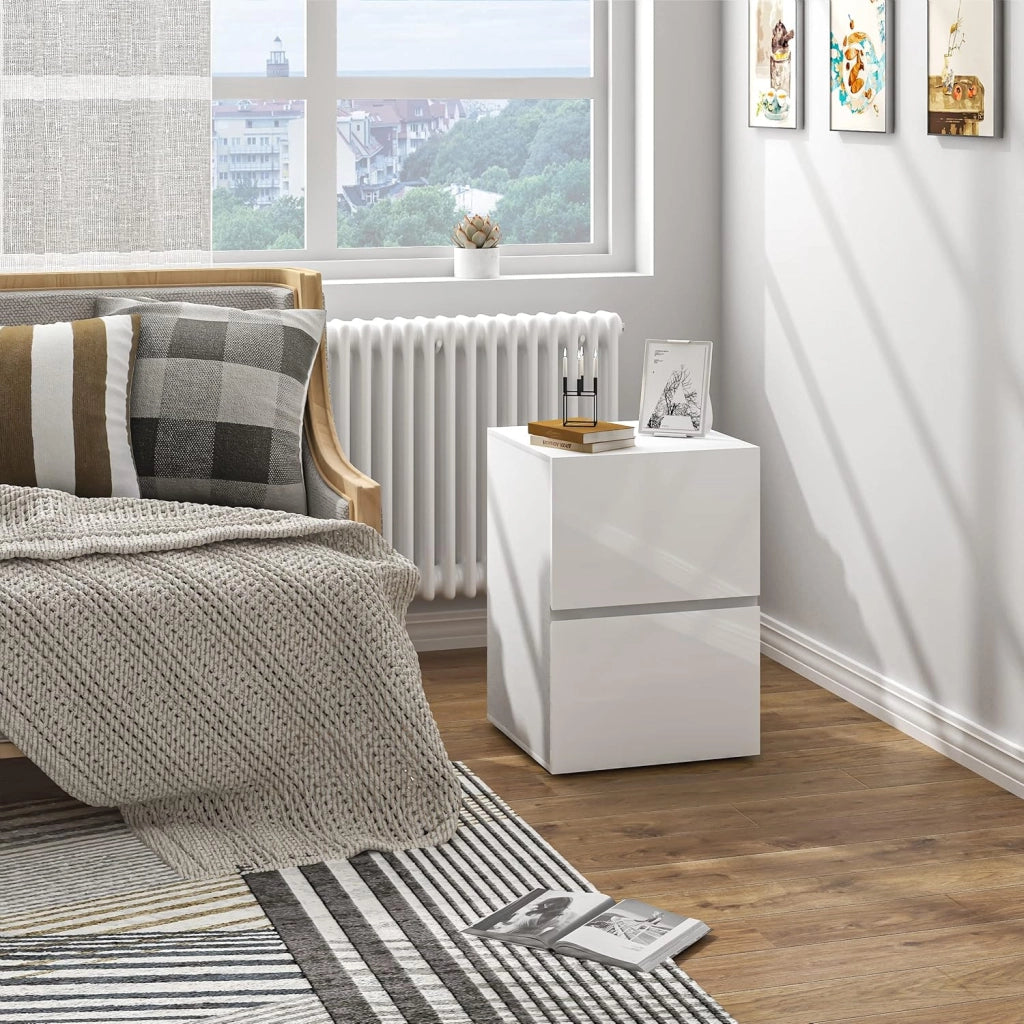 Comodino con 2 Cassetti Lucido, Mobiletto Bianco per Camera da Letto, Salotto, Cassettiera Piccola Salvaspazio in Legno, 40x40x58cm, Design Moderno, 0182ZZ