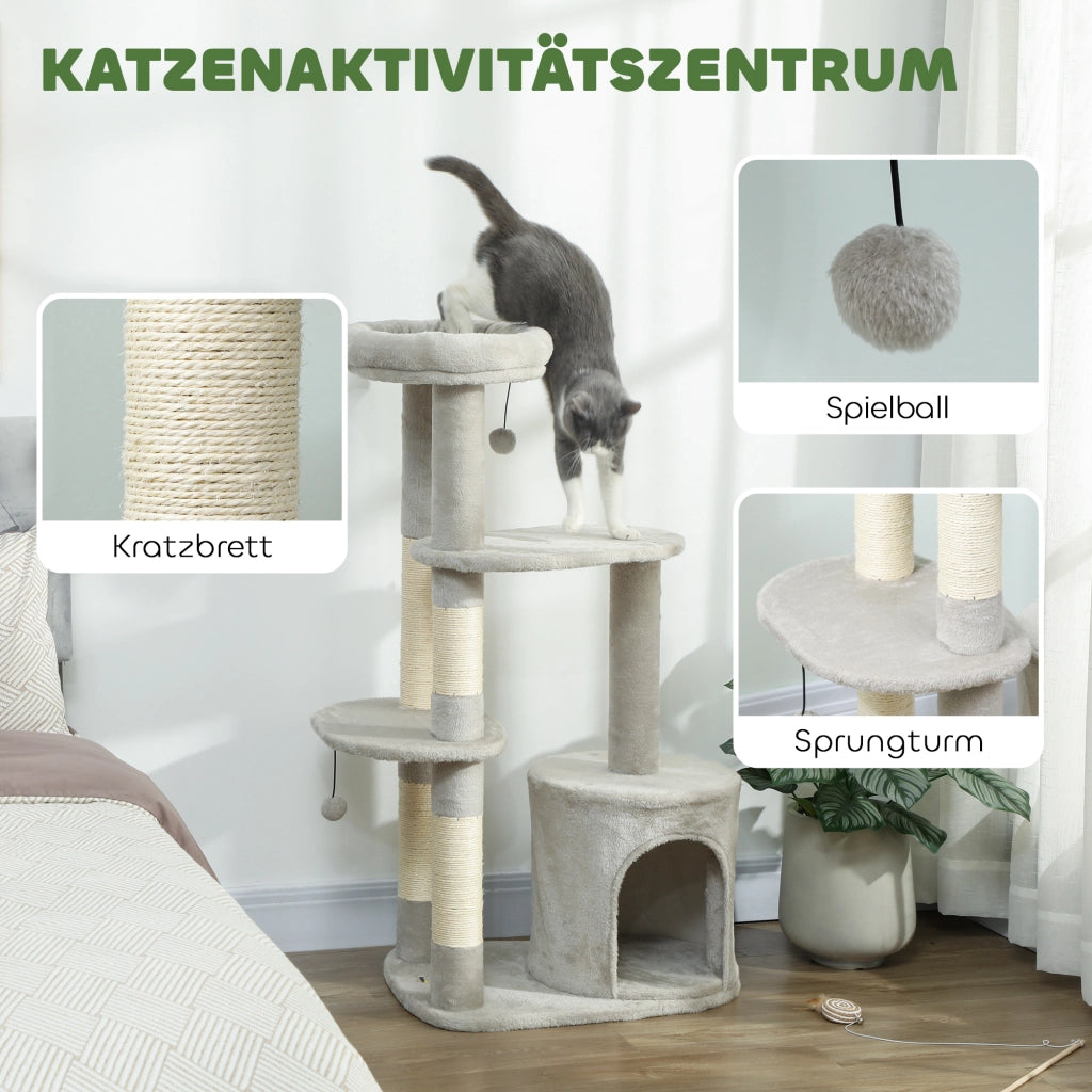 Tiragraffi per Gatti con Piattaforma e Casetta ¨C ZephMum ¨C Grigio Chiaro 114 cm