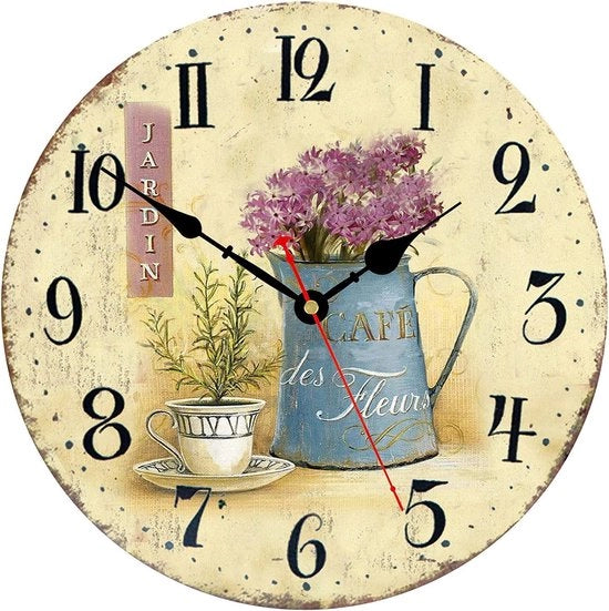 Orologio da Parete in Legno 30cm con Motivo a Fiori Retro Arabo con Batterie Decorativo - Caffè e Fiori
